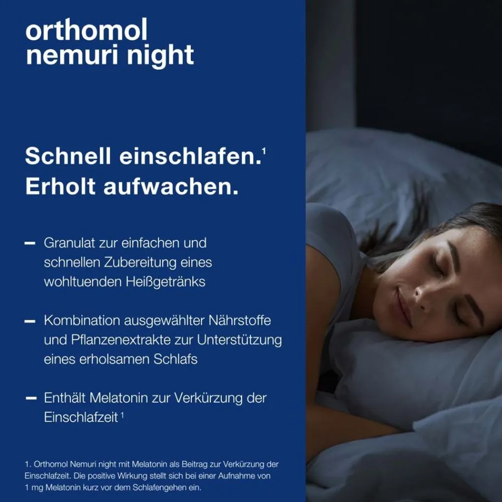 Nemuri night - zur Verkürzung der Einschlafzeit – mit Melatonin – Heißgetränk-Granulat|Orthomol Best