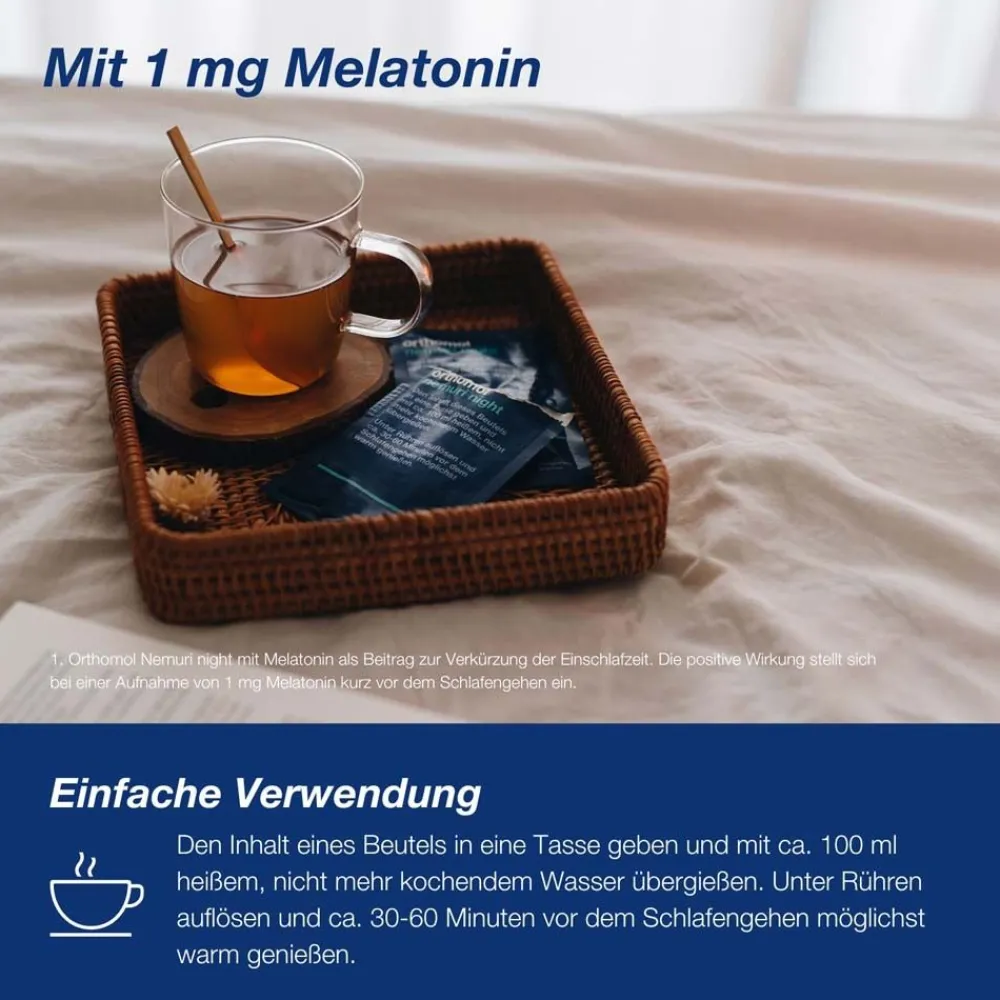 Nemuri night - zur Verkürzung der Einschlafzeit – mit Melatonin – Heißgetränk-Granulat|Orthomol Best