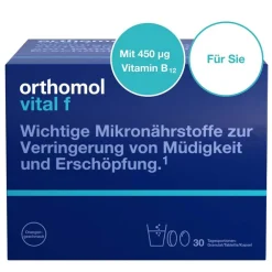 Vital f für Frauen - bei Müdigkeit - mit B-Vitaminen, Omega-3 und Magnesium - Granulat/Tabletten/Kapseln - Orangen-Geschmack|Orthomol Hot