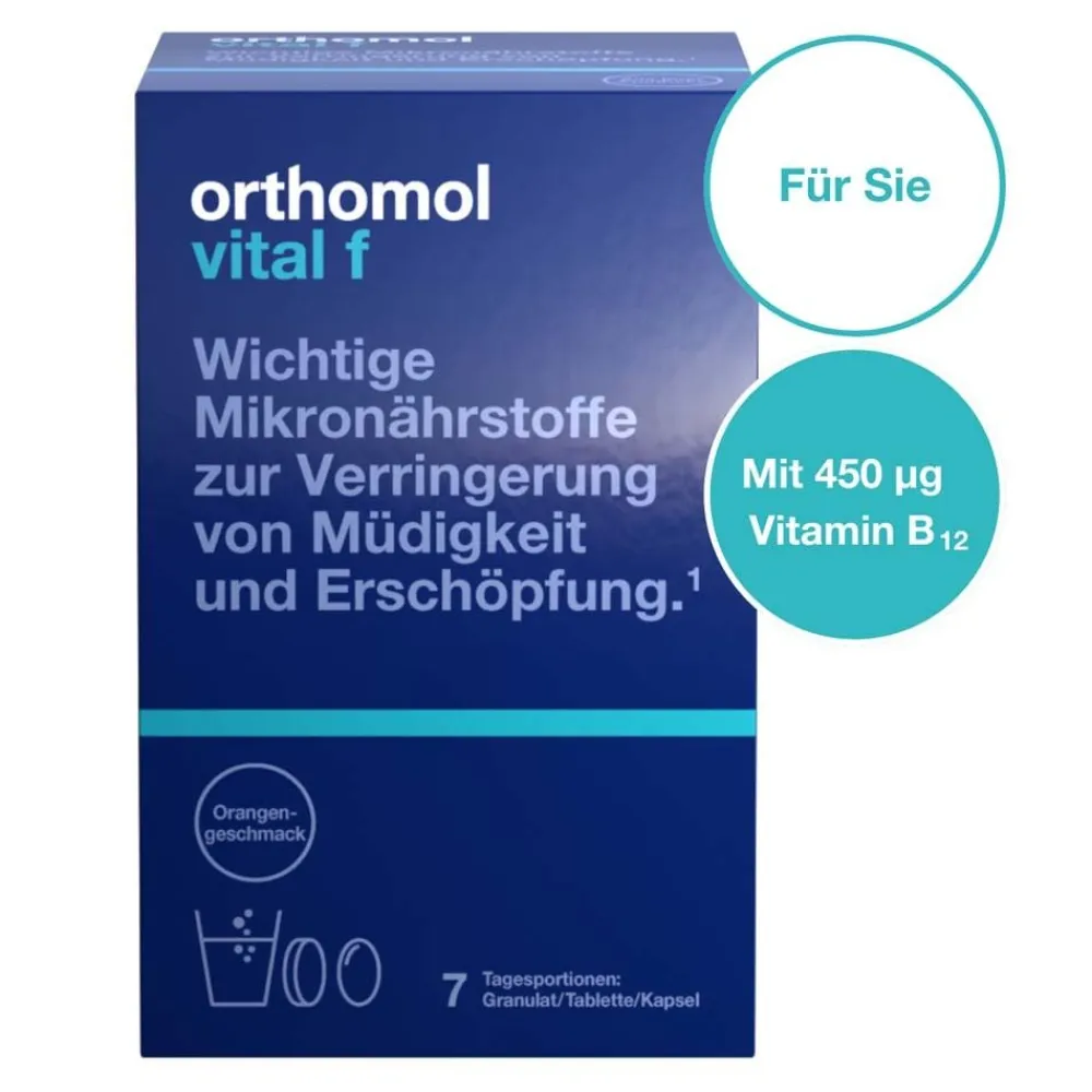 Orthomol Vital f für Frauen - bei Müdigkeit - mit B-Vitaminen, Omega-3, Magnesium - Granulat/Tabletten/Kapseln -Orangen-Geschmack| Hot