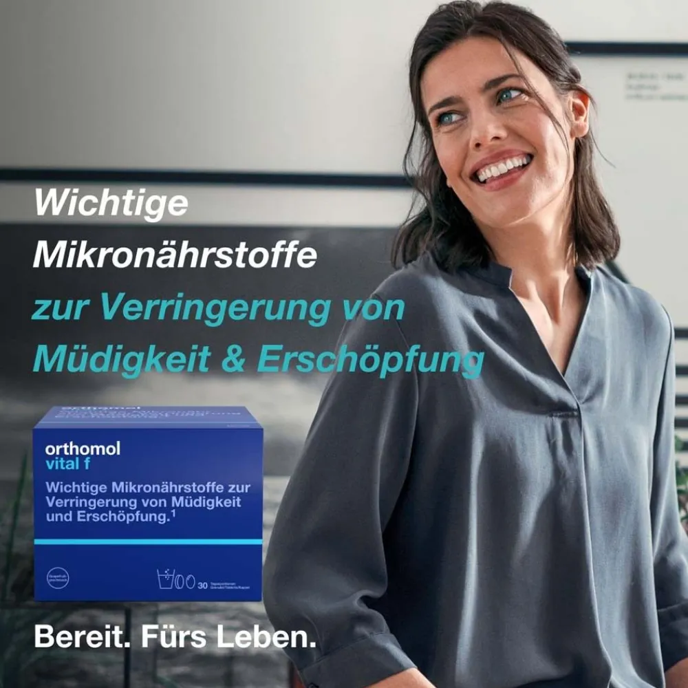 Vital f für Frauen - bei Müdigkeit - mit B-Vitaminen, Omega-3, Magnesium - Granulat/Tabletten/Kapseln - Grapefruit-Geschmack|Orthomol Sale