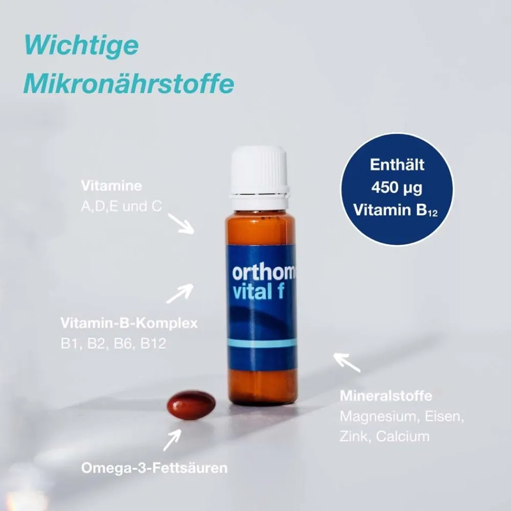 Vital f - Mikronährstoffe für Frauen - bei Müdigkeit und Erschöpfung - mit B-Vitaminen, Omega-3 und Magnesium - Trinkampullen/Kaps.>Orthomol Outlet