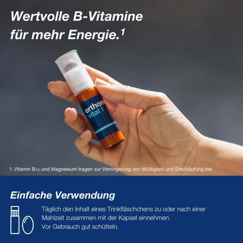 Vital f - Mikronährstoffe für Frauen - bei Müdigkeit und Erschöpfung - mit B-Vitaminen, Omega-3 und Magnesium - Trinkampullen/Kaps.>Orthomol Outlet