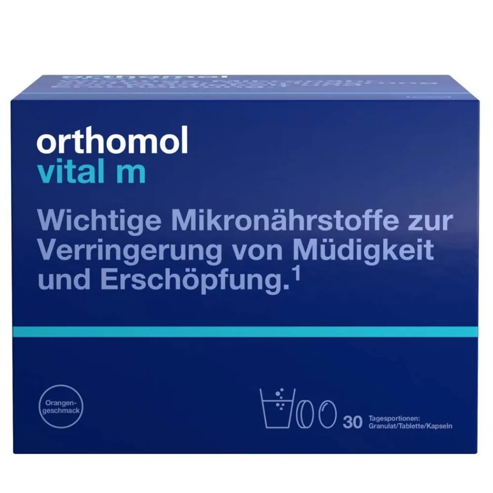Vital m für Männer - bei Müdigkeit - mit B-Vitaminen und Omega-3 - Granulat/Tabletten/Kapseln - Orangen-Geschmack|Orthomol Clearance