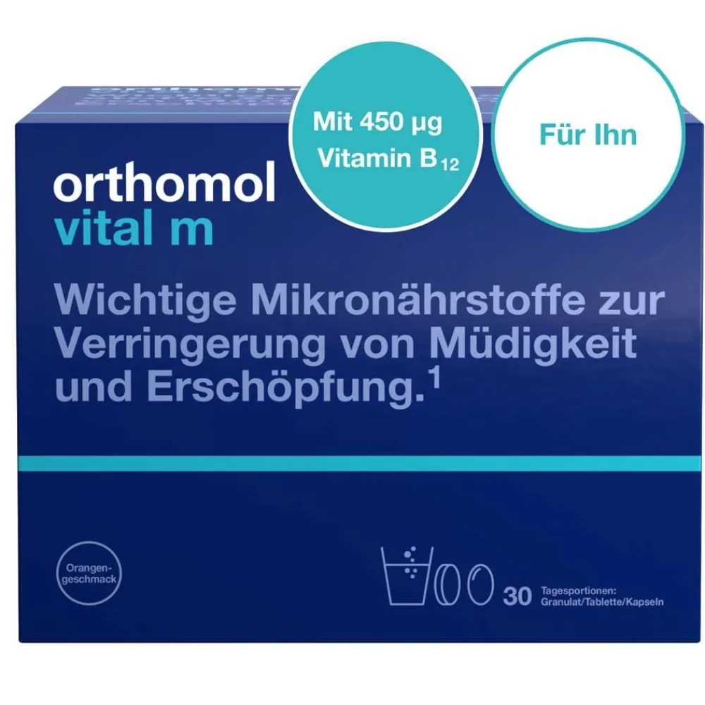 Vital m für Männer - bei Müdigkeit - mit B-Vitaminen und Omega-3 - Granulat/Tabletten/Kapseln - Orangen-Geschmack|Orthomol Clearance