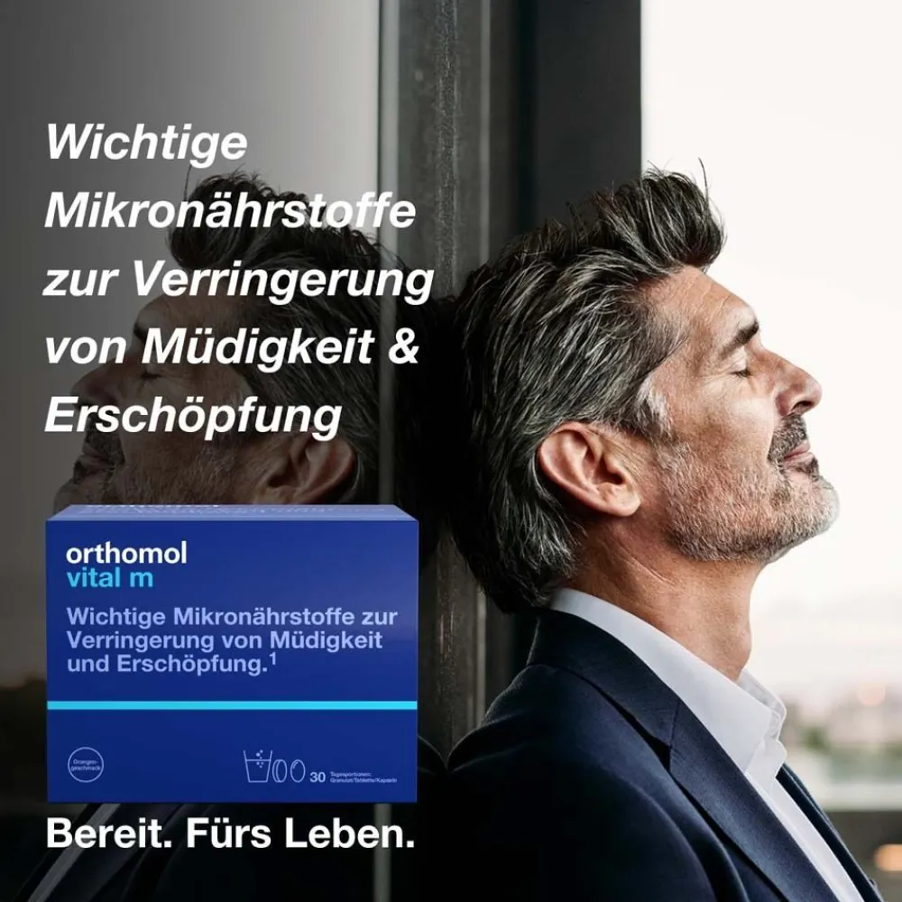 Vital m für Männer - bei Müdigkeit - mit B-Vitaminen und Omega-3 - Granulat/Tabletten/Kapseln - Orangen-Geschmack|Orthomol Clearance
