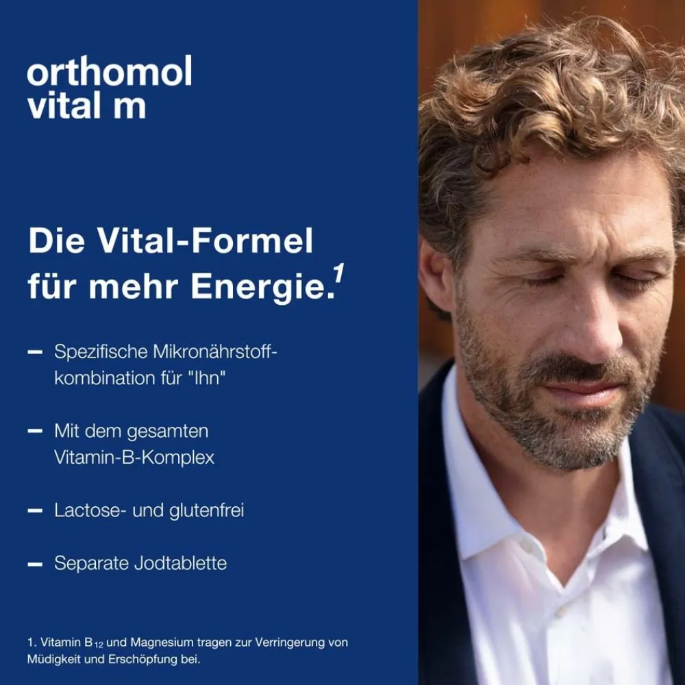 Vital m für Männer - bei Müdigkeit - mit B-Vitaminen und Omega-3 - Granulat/Tabletten/Kapseln - Orangen-Geschmack|Orthomol Clearance