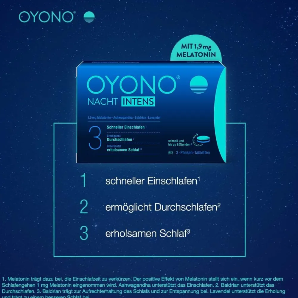 OYONO® Nacht Intens mit 1,9mg Melatonin und Ashwagandha, Baldrian, Lavendel> New