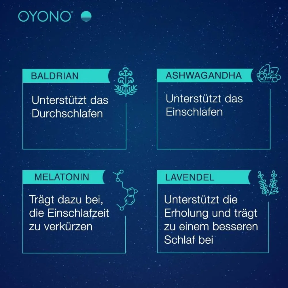 OYONO® Nacht Intens mit 1,9mg Melatonin und Ashwagandha, Baldrian, Lavendel> New