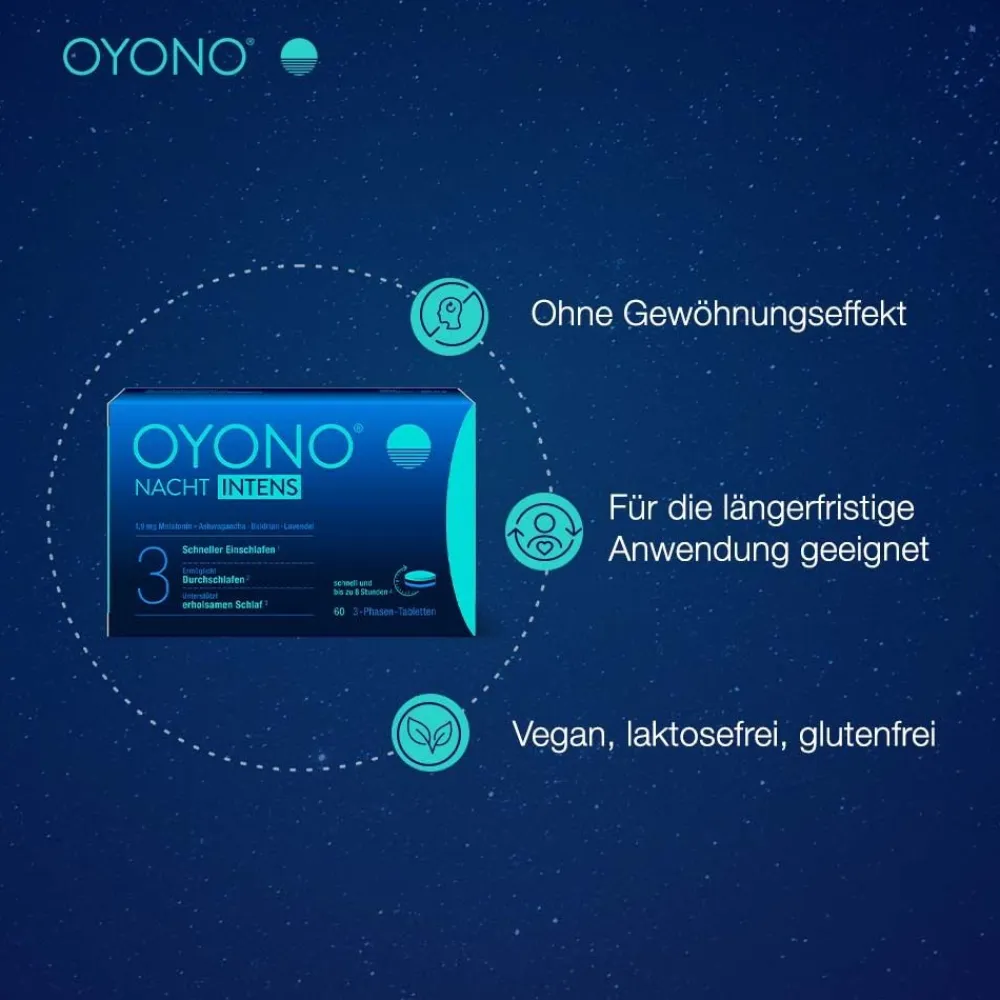 OYONO® Nacht Intens mit 1,9mg Melatonin und Ashwagandha, Baldrian, Lavendel> New
