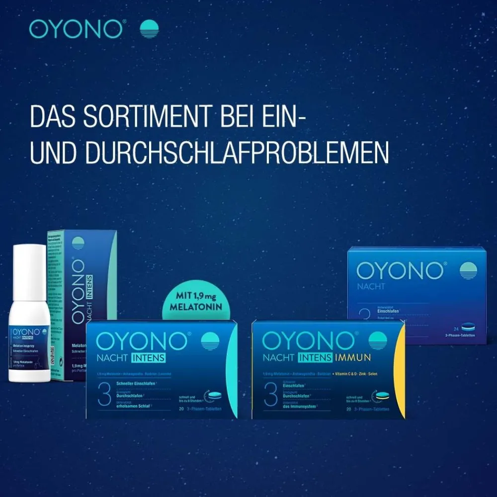 OYONO® Nacht Intens mit 1,9mg Melatonin und Ashwagandha, Baldrian, Lavendel> New
