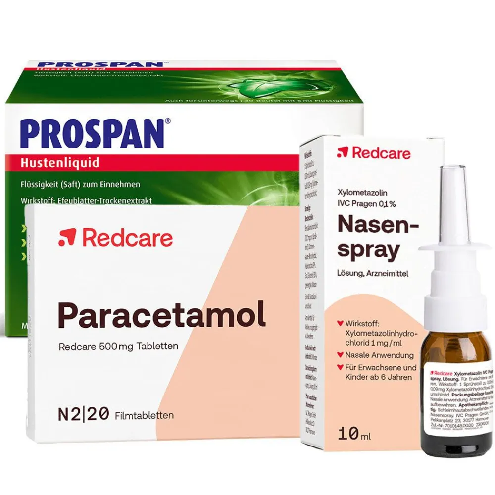 Paracetamol Redcare 500 mg gegen Schmerzen + Redcare Xylo 0,1 % Nasenspray + Prospan® Hustenliquid im Stickbeutel| Hot