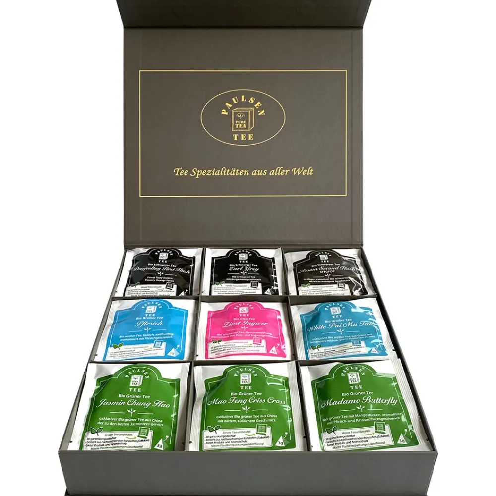 Paulsen Exklusive Bio Tee Geschenkbox mit schwarzem, grünen & weißen Tees im Pyramidenbeutel> Online