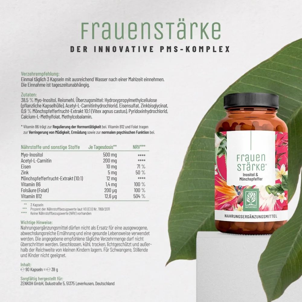 PMS Kapsel B12 Eisen Myo Inositol Mönchspfeffer Komplex 90 vegane Kapseln Frauenstärke ®|NATURTREU Outlet
