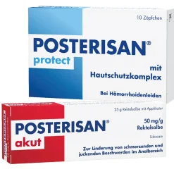 Posterisan akut Hämorrhoidensalbe (Lidocain) bei starkem Juckreiz, Schmerzen im Analbereich, 25 g Salbe + Posterisan protect Hämorrhoidenzäpfchen bei Reizungen, als Hautschutz und zur Prophylaxe, 10 Stk| Online