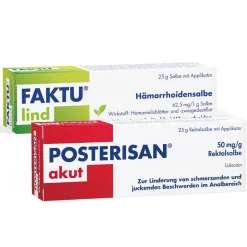 Posterisan akut Hämorrhoidensalbe (Lidocain) bei starkem Juckreiz, Schmerzen im Analbereich, 25 g Salbe + FAKTU Lind Hämorrhoidensalbe - bei Jucken, Nässen, Brennen, Entzündungen, kleinen Blutungen, 25 g (mit Applikator)| Online