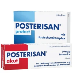 Posterisan akut Hämorrhoidensalbe (Lidocain) bei starkem Juckreiz, Schmerzen im Analbereich, 25 g Salbe + Posterisan protect Hämorrhoidenzäpfchen bei Reizungen, als Hautschutz und zur Prophylaxe, 10 Stk> New