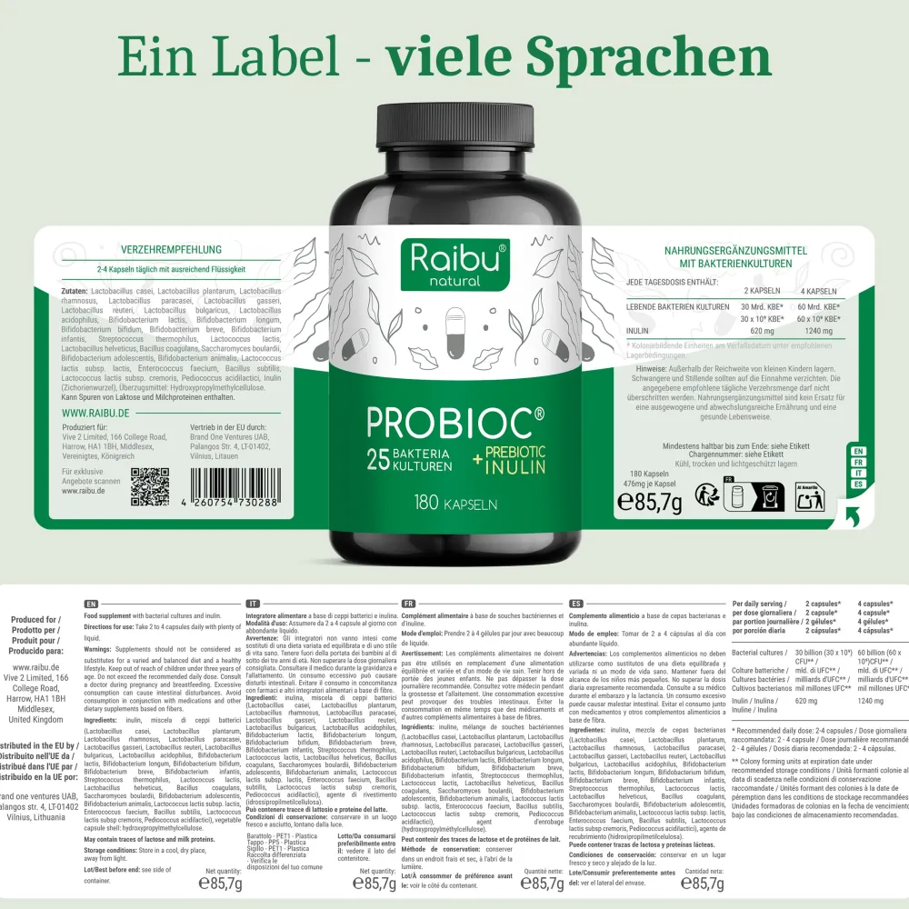 Probiotika Kulturen Komplex Kapseln, Mit 25 Bakterienstämme + Inulin, 180 St –|Raibu Online
