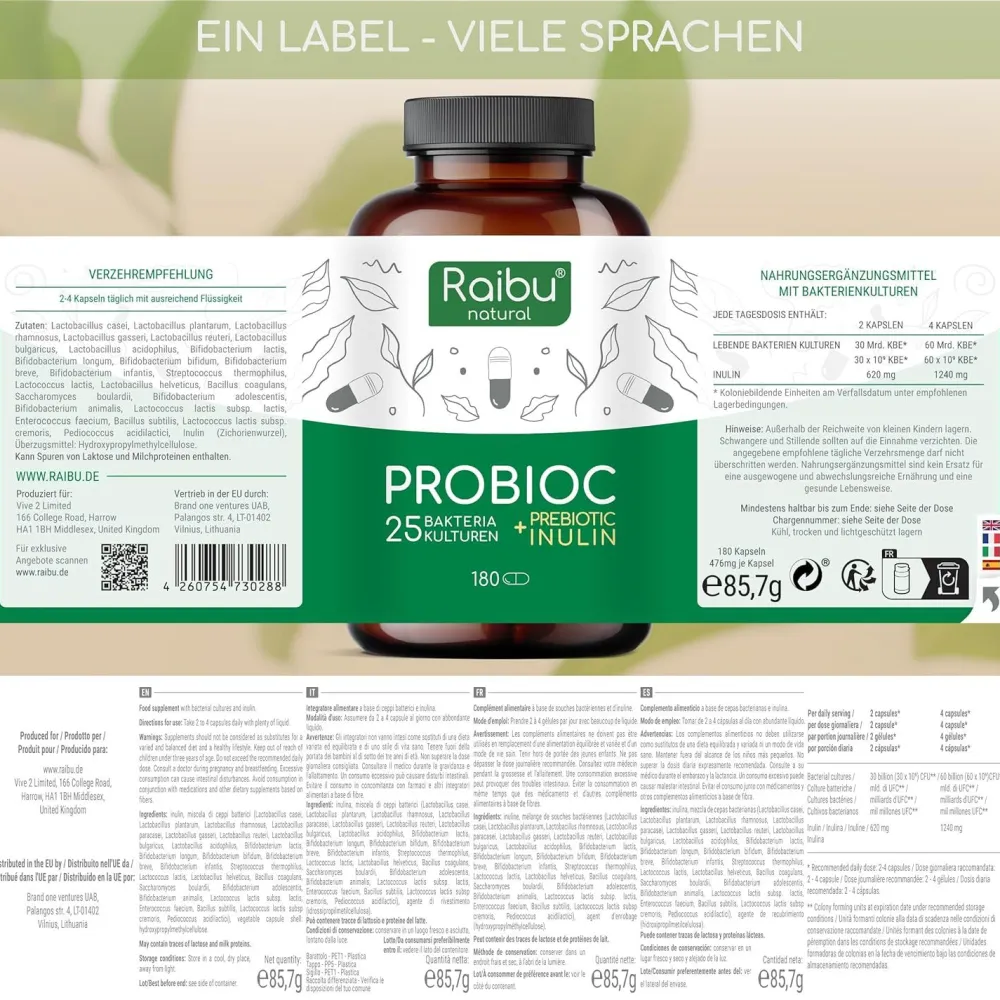 Probiotika Kulturen Komplex Kapseln, Mit 25 Bakterienstämme + Inulin, 180 St –|Raibu Online