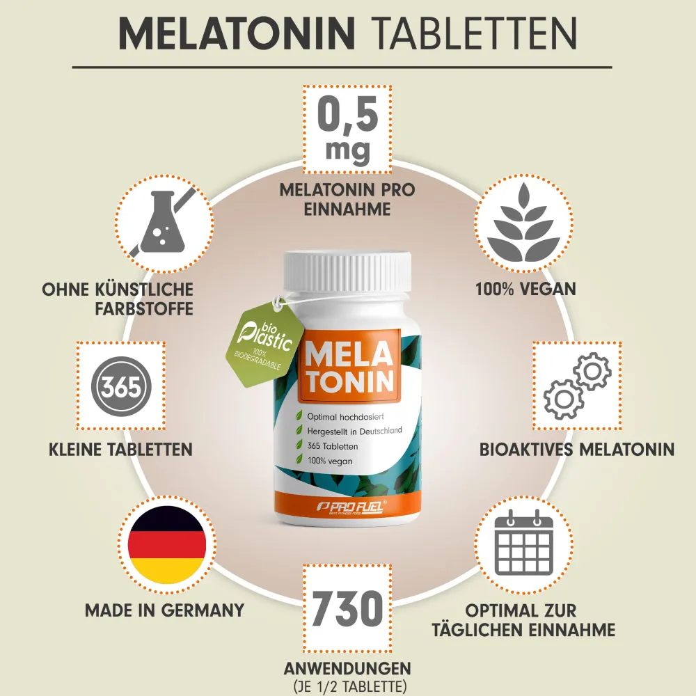 - Melatonin 365 Tabletten - 0,5 mg bioaktives Melatonin pro Tag (1/2 Tablette)|ProFuel