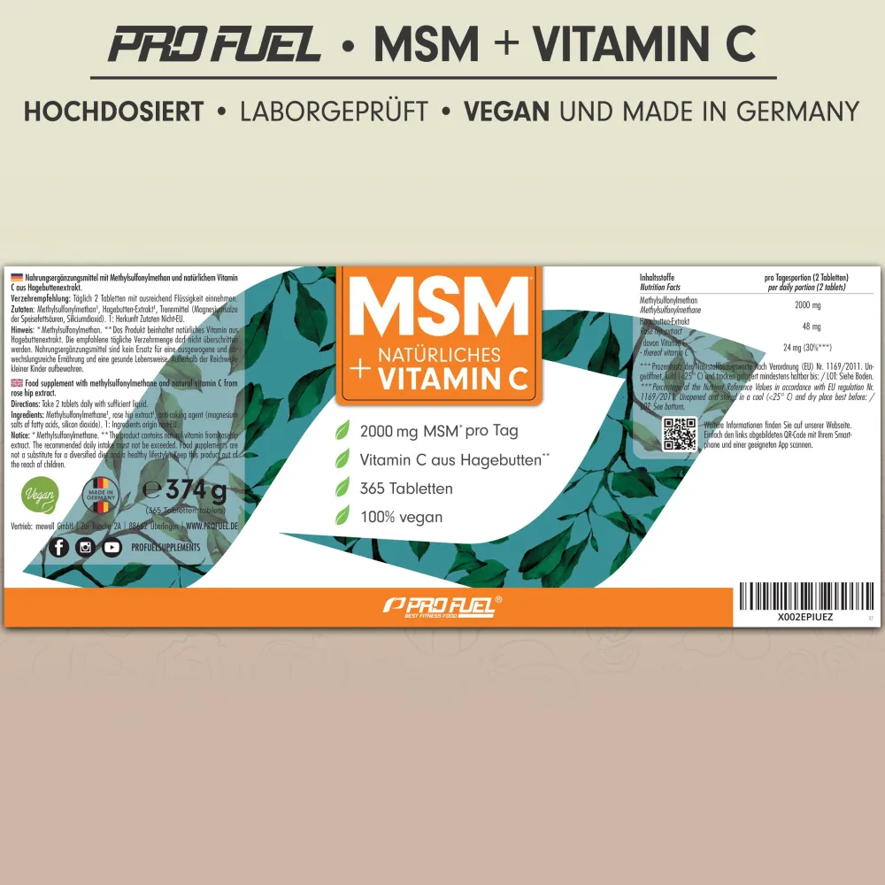 - MSM 2000mg pro Tag + natürliches Vitamin C - 365 MSM Tabletten mit Methylsulfonylmethan|ProFuel Outlet