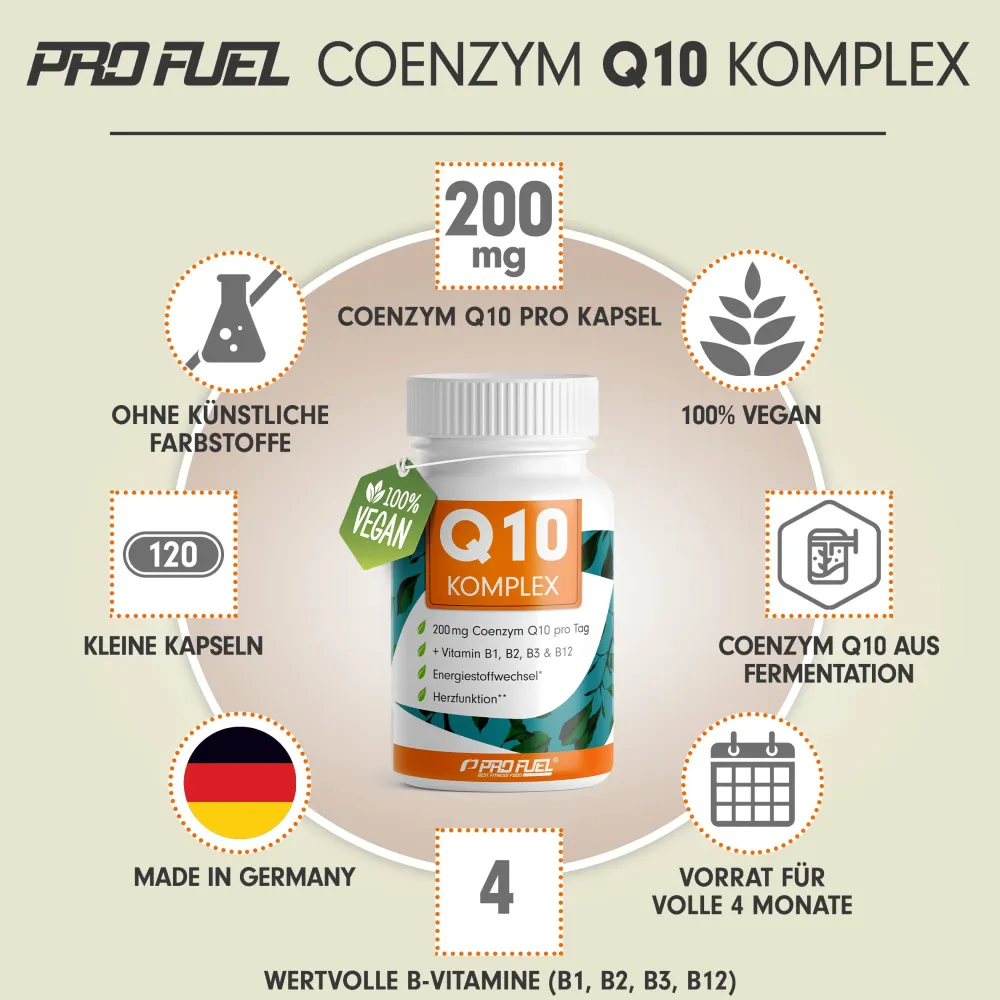 - Q10 KOMPLEX Kapseln hochdosiert - Coenzym Q10 mit 200mg Coenzym Q10 + Vitamin B12|ProFuel Discount