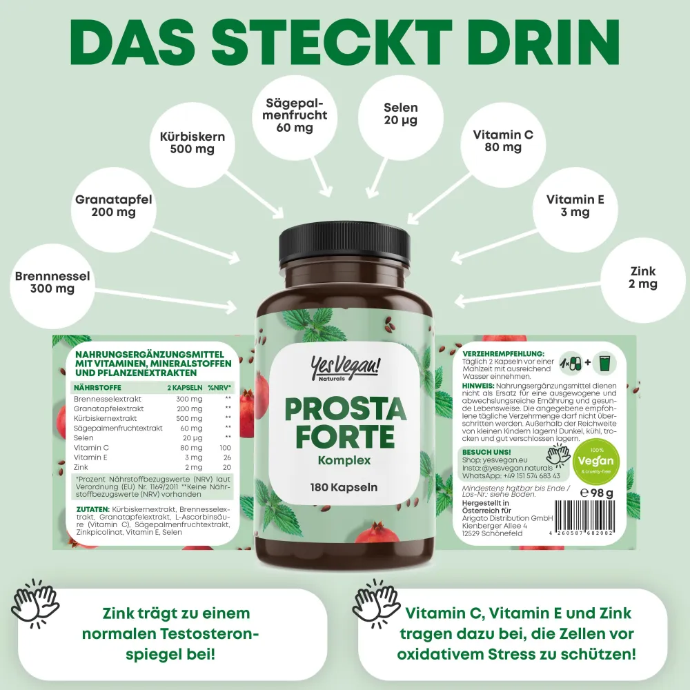 Prosta Forte Komplex, Kürbiskern, Brennnessel, Granantapfel, Selen PREMIUM|YesVegan Discount