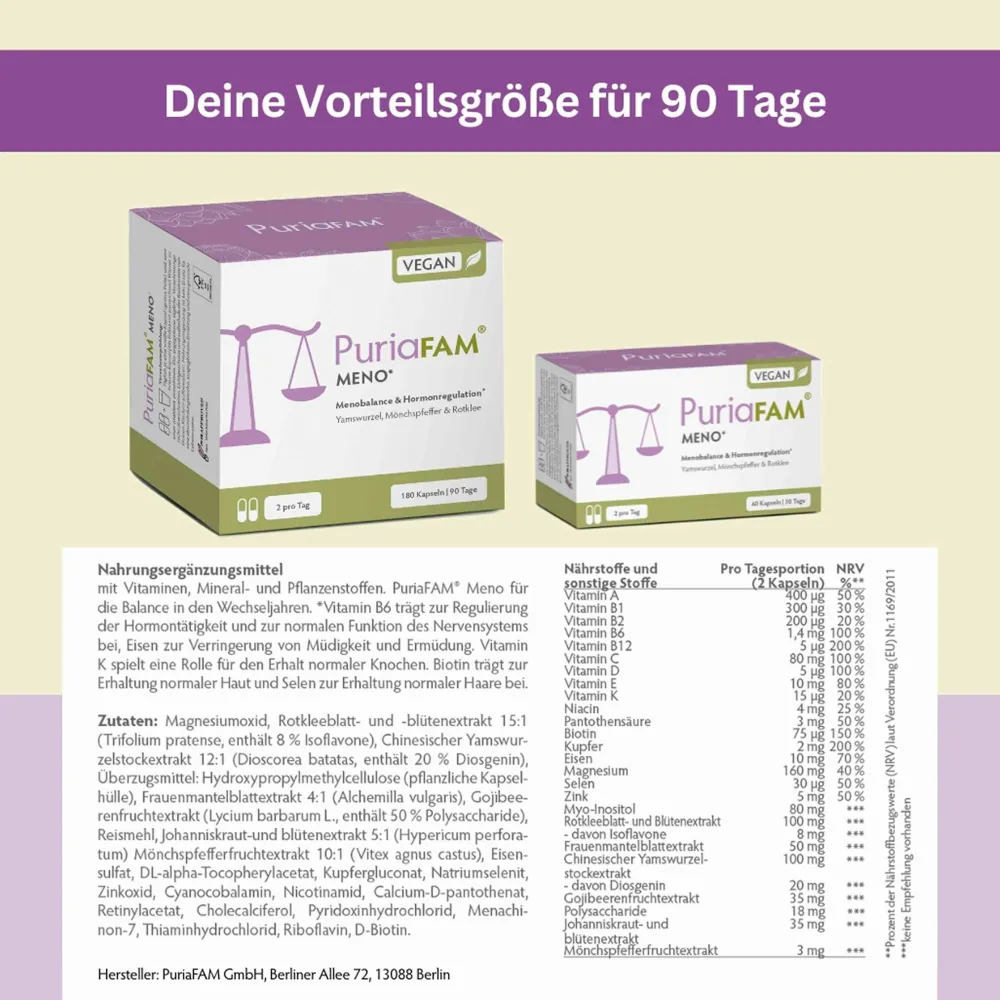 Meno Balance | Wechseljahre Kapseln | Yamswurzel & Mönchspfeffer | vegan|Puriafam Sale