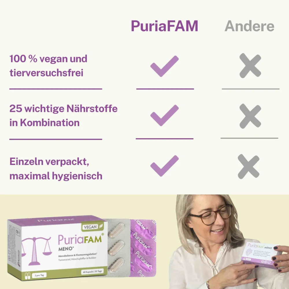 Meno Pause | Wechseljahre | Hormon Balance | Rotklee & Mönchspfeffer | vegan|Puriafam Discount