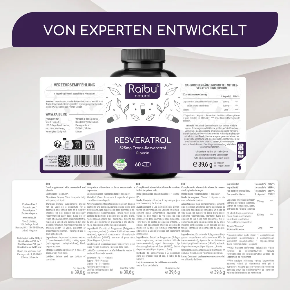 Resveratrol Kapseln Hochdosiert - 525 mg Trans-Resveratrol pro Tag -|Raibu Hot