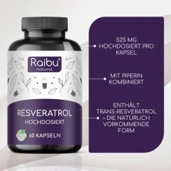 Resveratrol Kapseln Hochdosiert - 525 mg Trans-Resveratrol pro Tag -|Raibu Hot