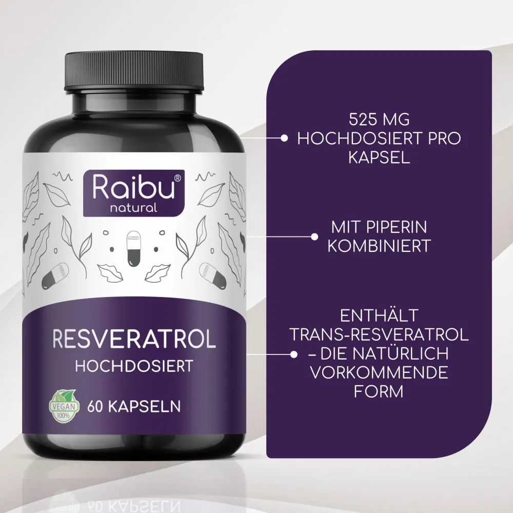 Resveratrol Kapseln Hochdosiert - 525 mg Trans-Resveratrol pro Tag -|Raibu Hot