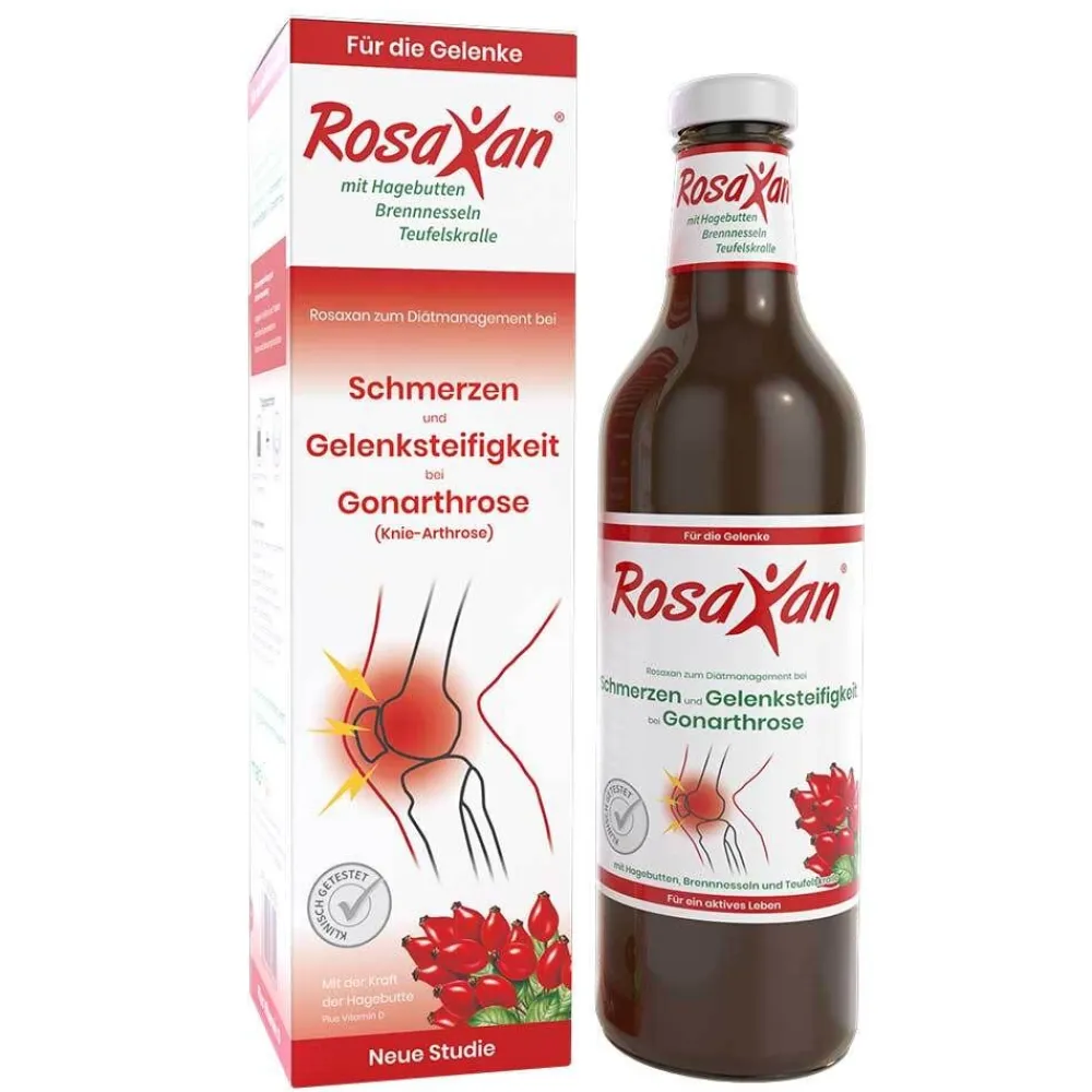 Saft / Tabletten – Nährstoffe für Knorpel, Knochen, Muskelfunktion und Bindegewebe – mit Hagebutte, Teufelskralle und Brennnessel>Rosaxan Best