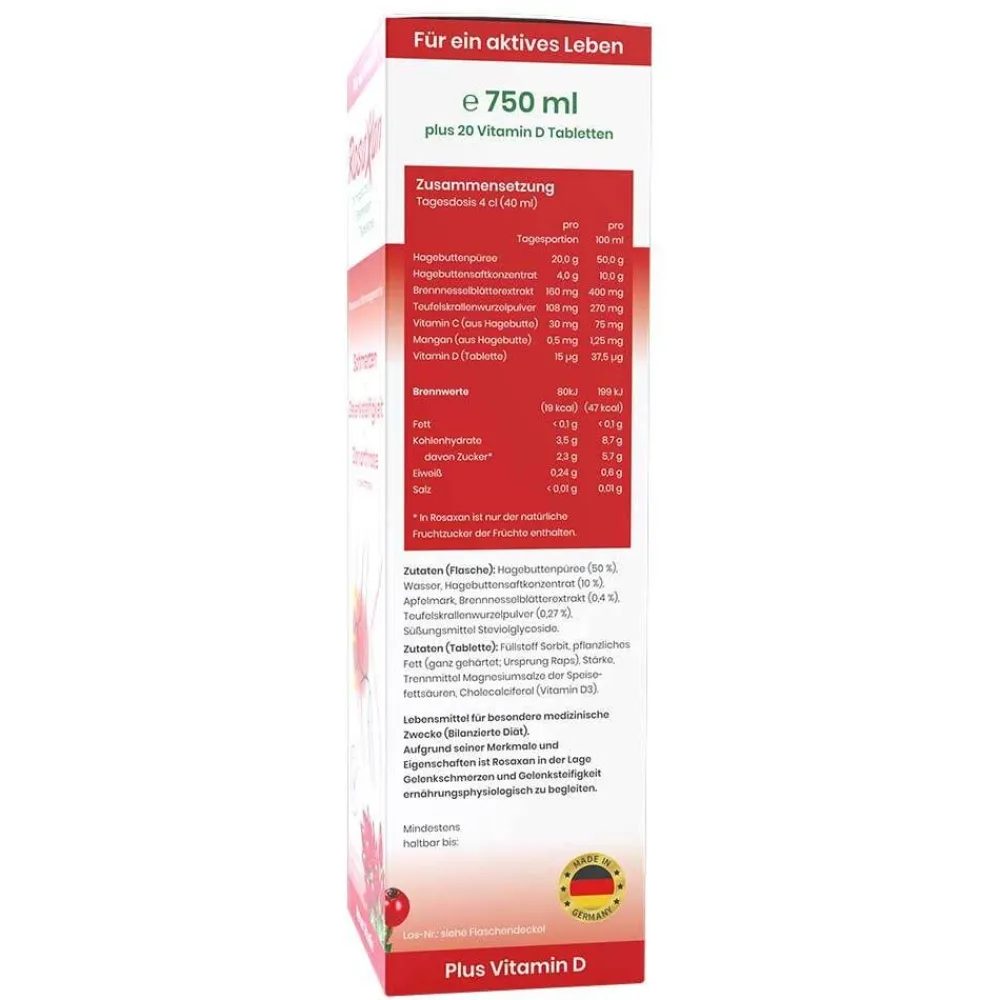 Saft / Tabletten – Nährstoffe für Knorpel, Knochen, Muskelfunktion und Bindegewebe – mit Hagebutte, Teufelskralle und Brennnessel>Rosaxan Best