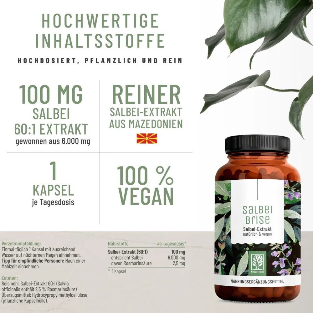 Salbei Extrakt Wechseljahre Meno Pause 120 vegane Kapseln 6000mg Salbeibrise ®>NATURTREU Sale