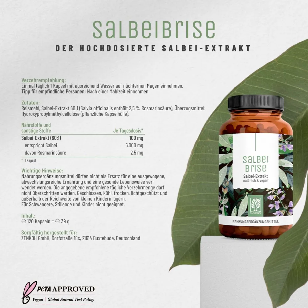 Salbei Extrakt Wechseljahre Meno Pause 120 vegane Kapseln 6000mg Salbeibrise ®>NATURTREU Sale