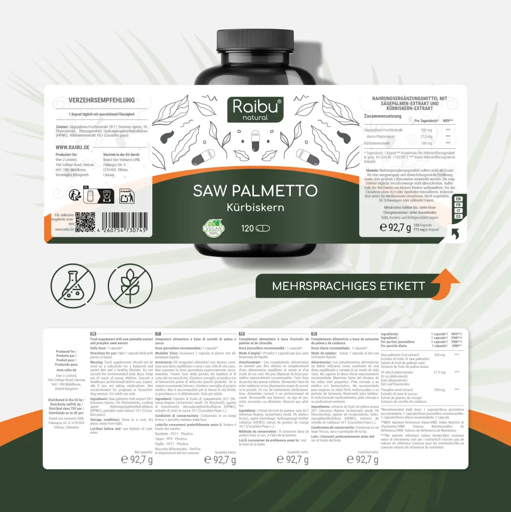 Saw Palmetto (Sägepalme) Kapseln, 20:1 Extrakt, Hergestellt in Deutschland ->Raibu Clearance