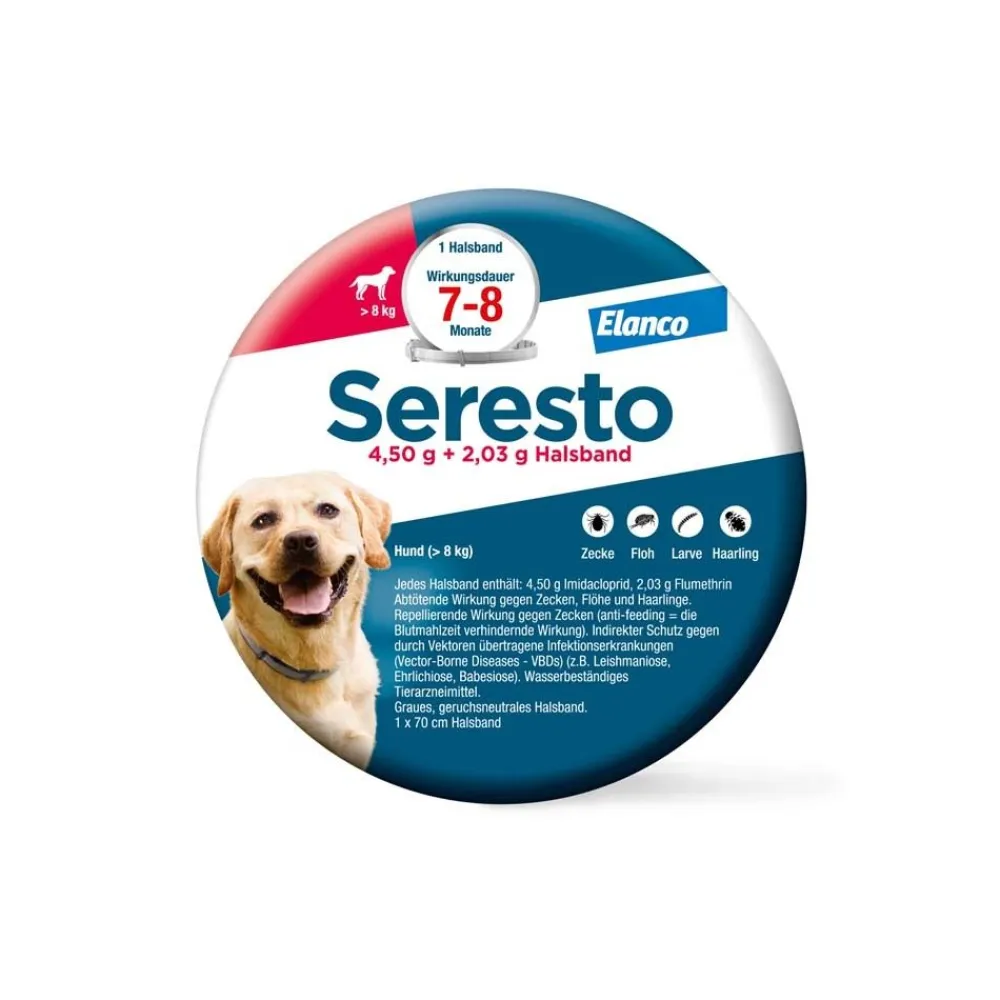 Halsband für große Hunde über 8 kg gegen Zecken und Flöhe, wirkt abtötend und repellierend bis zu 8 Monate>Seresto New