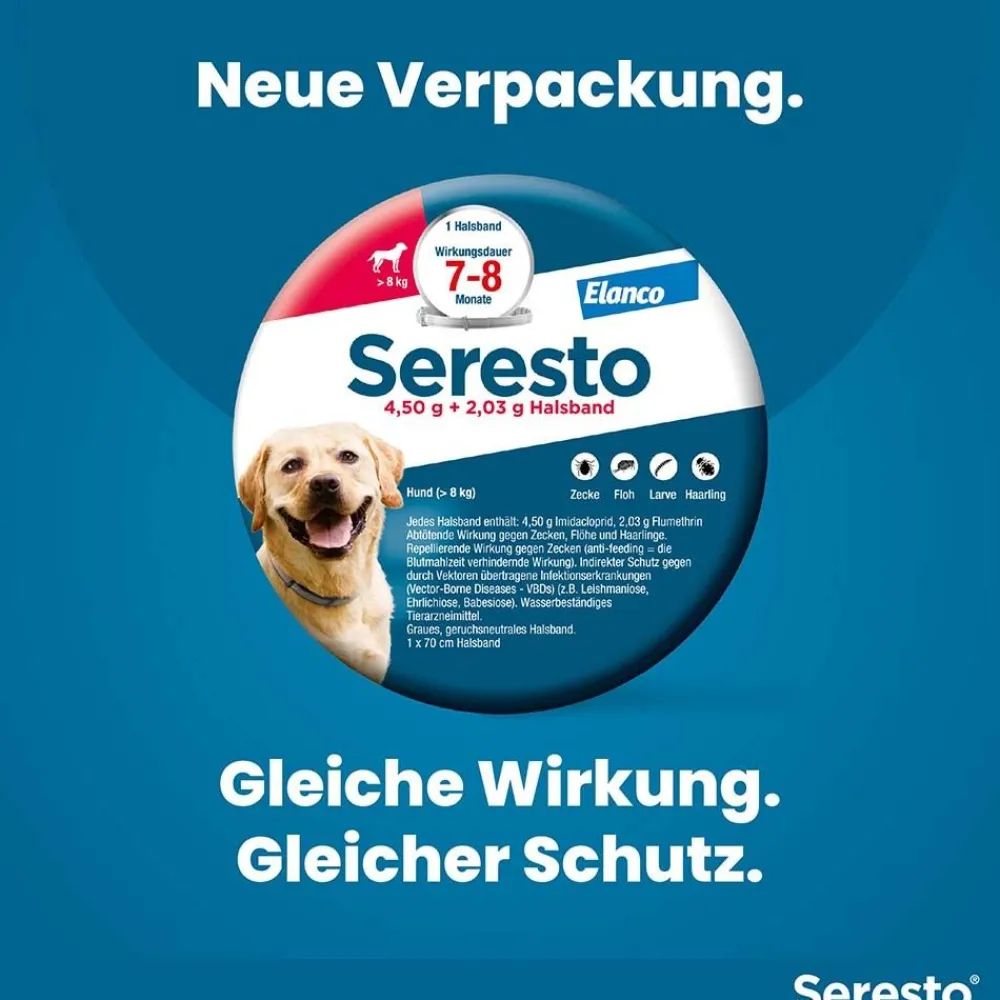 Halsband für große Hunde über 8 kg gegen Zecken und Flöhe, wirkt abtötend und repellierend bis zu 8 Monate>Seresto New