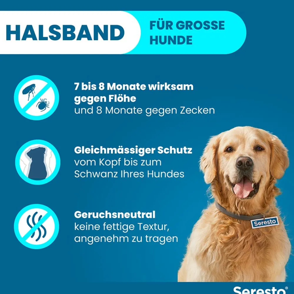 Halsband für große Hunde über 8 kg gegen Zecken und Flöhe, wirkt abtötend und repellierend bis zu 8 Monate>Seresto New