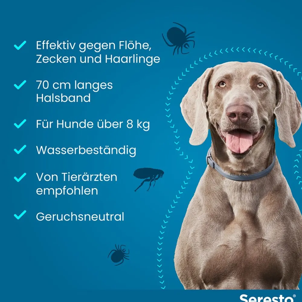 Halsband für große Hunde über 8 kg gegen Zecken und Flöhe, wirkt abtötend und repellierend bis zu 8 Monate>Seresto New