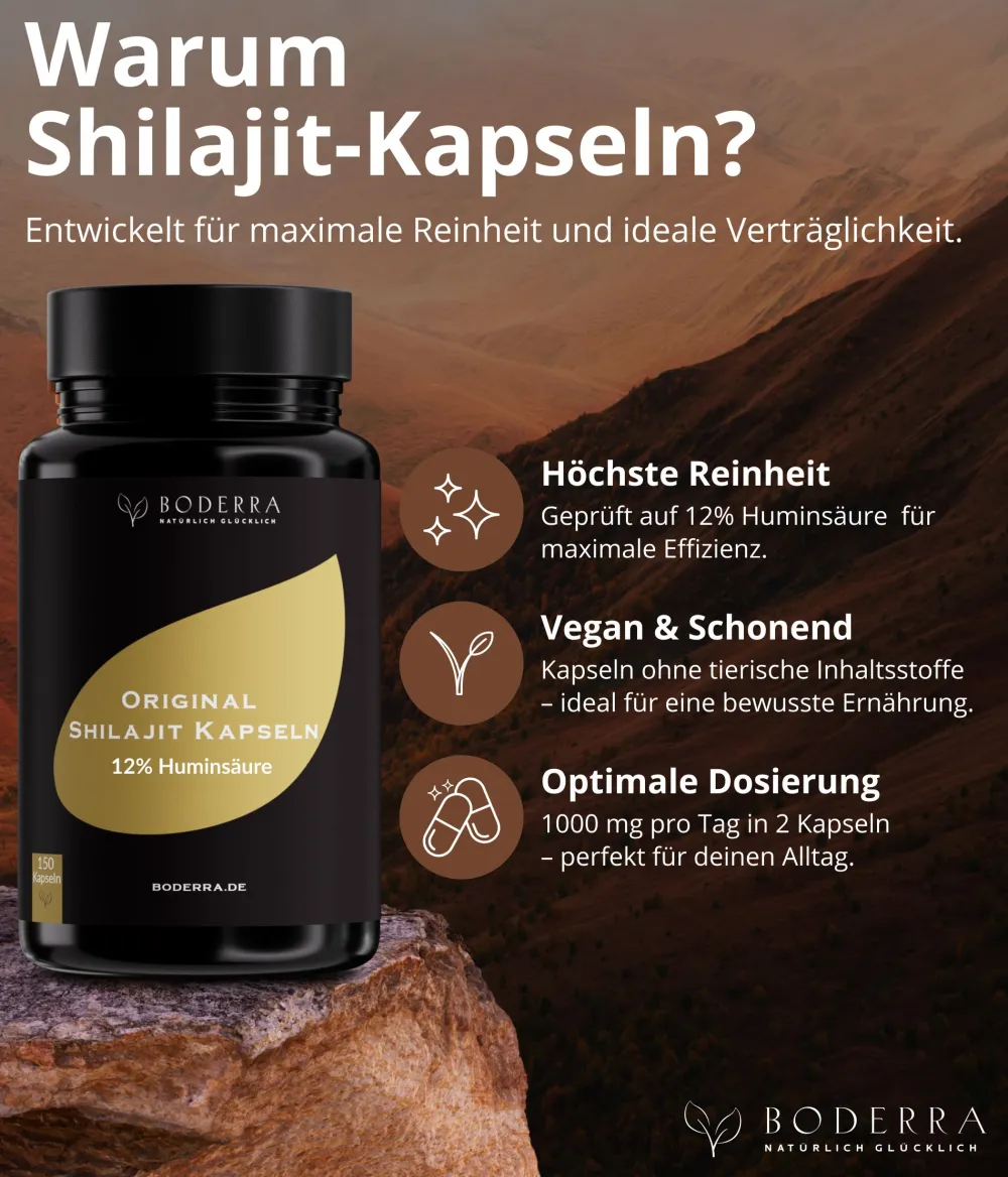 Shilajit 150 Kapseln - 50:1 Extrakt - 50% Fulvin- & 12% Huminsäure - laborgeprüft - BODERRA> Best
