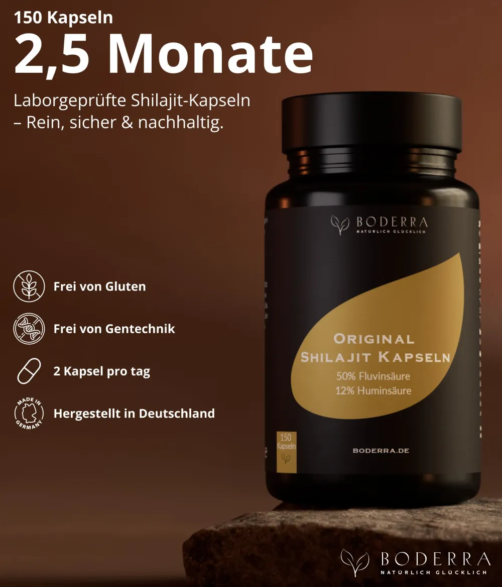 Shilajit 150 Kapseln - 50:1 Extrakt - 50% Fulvin- & 12% Huminsäure - laborgeprüft - BODERRA> Best