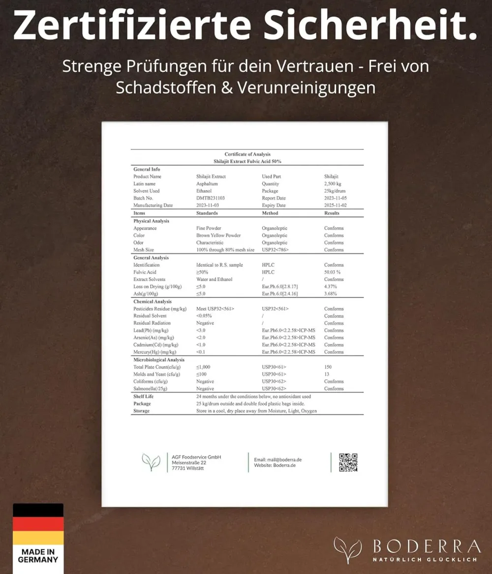 Shilajit 150 Kapseln - 50:1 Extrakt - 50% Fulvin- & 12% Huminsäure - laborgeprüft - BODERRA> Best
