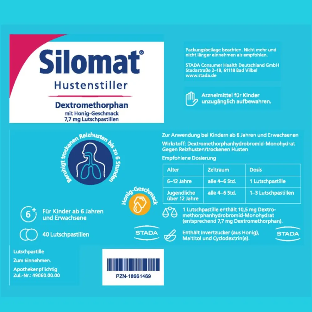 Hustenstiller Lutschpastillen mit Honiggeschmack, mit Dextromethorphan gegen Reizhusten|Silomat Outlet