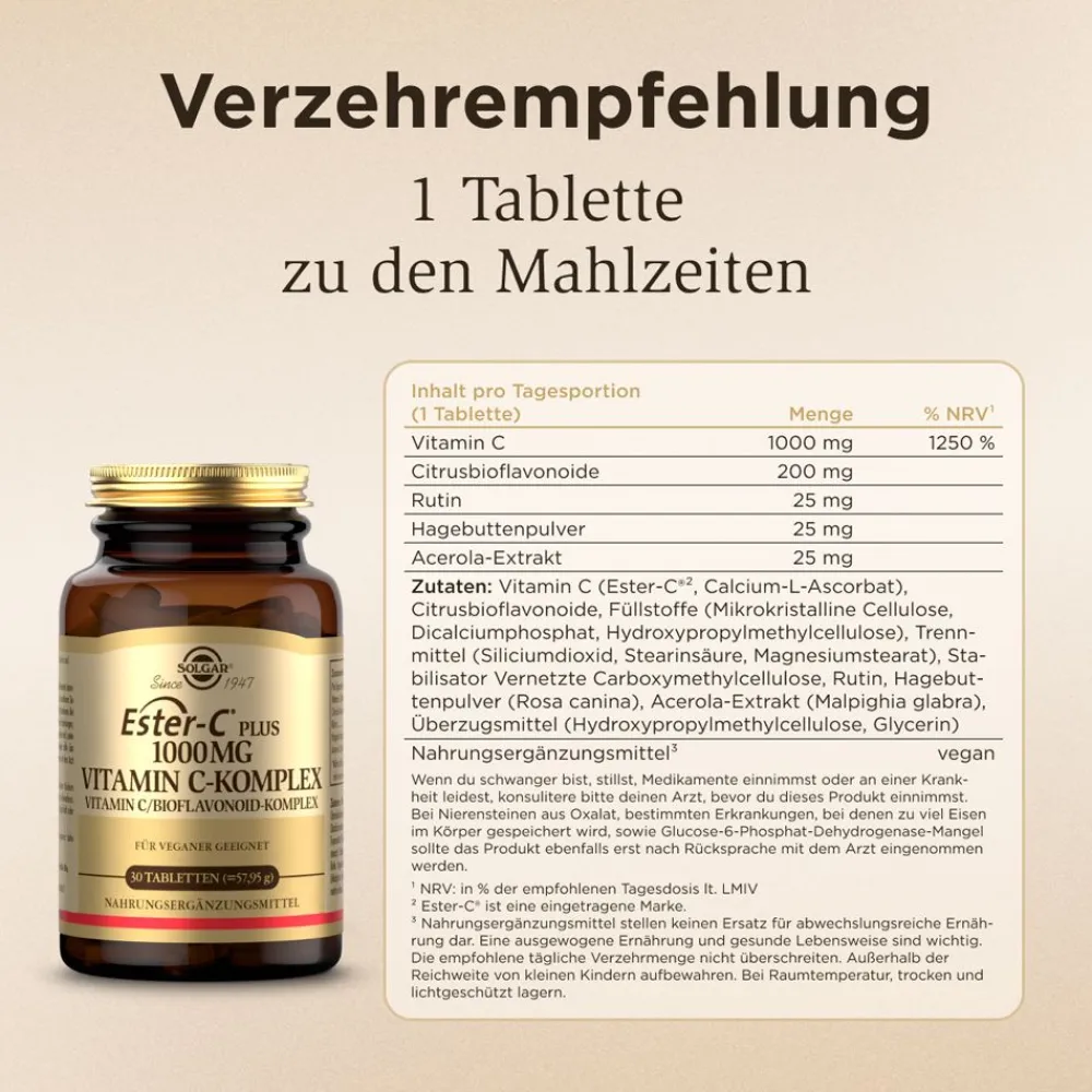 Solgar Ester-C Plus 1000 mg – Hochdosiertes Vitamin C für 24h| Hot