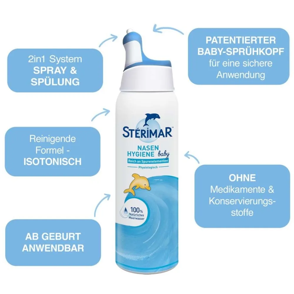 Stérimar Nasenhygiene Baby, 100% natürliches Meerwasser Nasenspray, 2 in 1 Spray & Spülung für Babys ab Geburt anwendbar> Hot