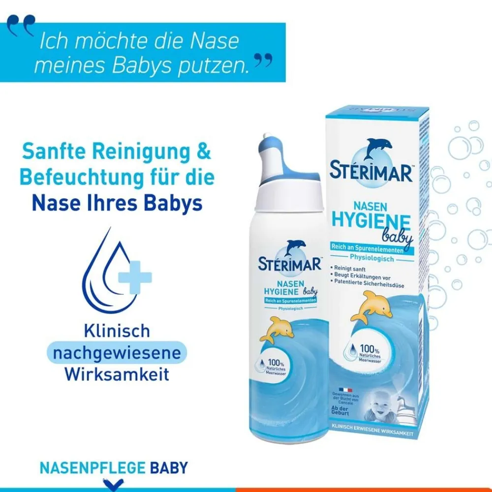 Stérimar Nasenhygiene Baby, 100% natürliches Meerwasser Nasenspray, 2 in 1 Spray & Spülung für Babys ab Geburt anwendbar> Hot