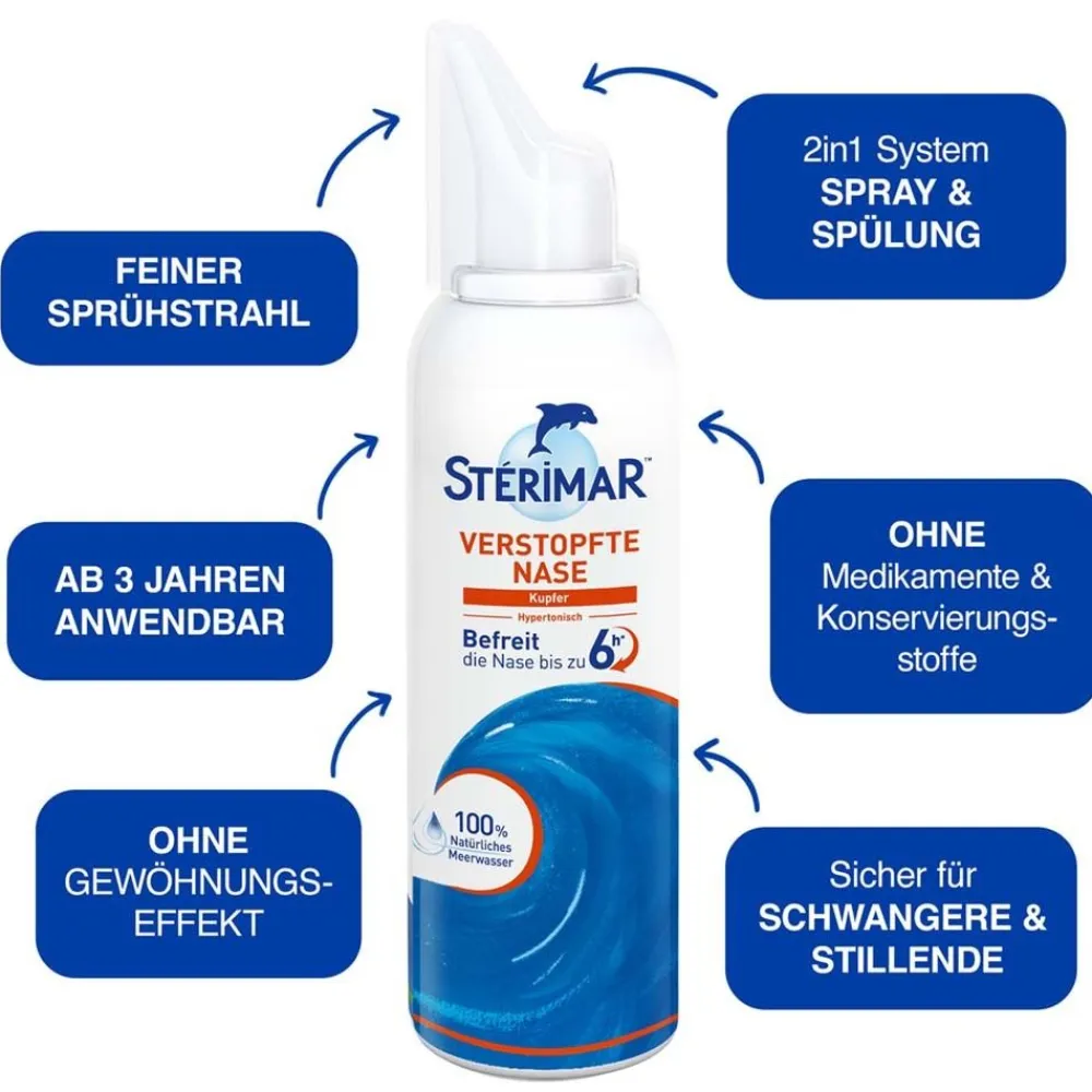 Stérimar Verstopfte Nase, 100% natürliches Meerwasser Nasenspray, 2 in 1 Spray und Spülung, für Erwachsene und Kinder ab 3 Jahren, 100ml> Best
