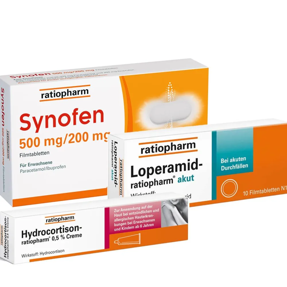 Synofen 500 mg/200 mg + HYDROCORTISON-ratiopharm® 0,5 % Creme + Loperamid-ratiopharm® akut> Hot